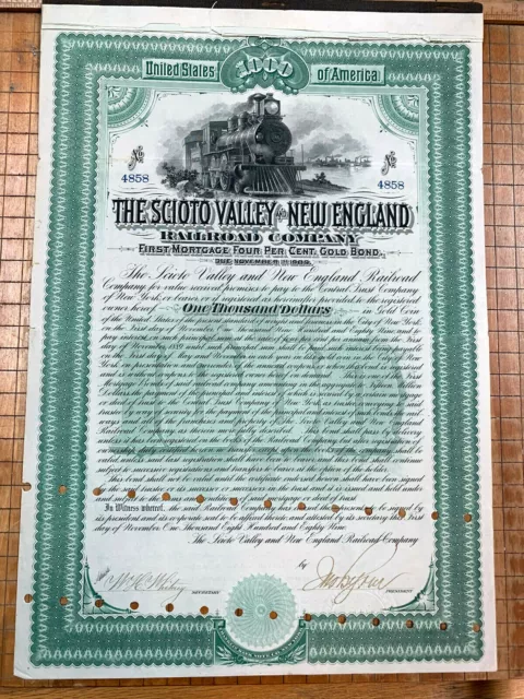 1889 US Scioto Valley Railroad Mortgage Bond 100 Years No. 4858 New England |