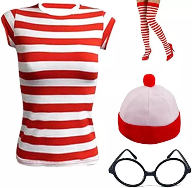 Womens Where's Wally Red & White Kit Strips Fun Stag Do Fancy Dress S-XXL