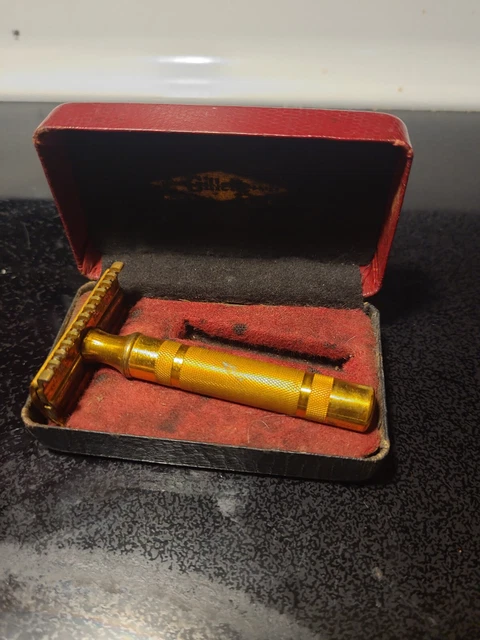 1930's GILLETTE Goldtone FAT HANDLE Safety Razor Pat.17567 w/ Case