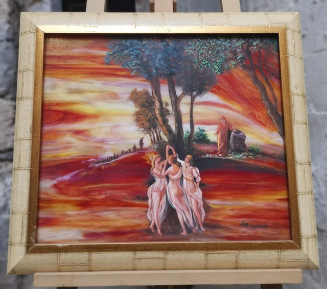 VINCENZO RIBAUDO / OLIO SU VETRO "SCENA DANTESCA" _ 50x63 cm
