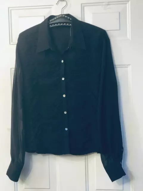 NWT Ravel 100% Silk Sz XL Women's  Black Blouse Shirt Sheer Long Sleeve
