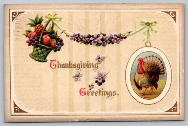 Postcard Thanksgiving Greetings Tom Turkey Fruit Basket Embossed  c 1911 DB