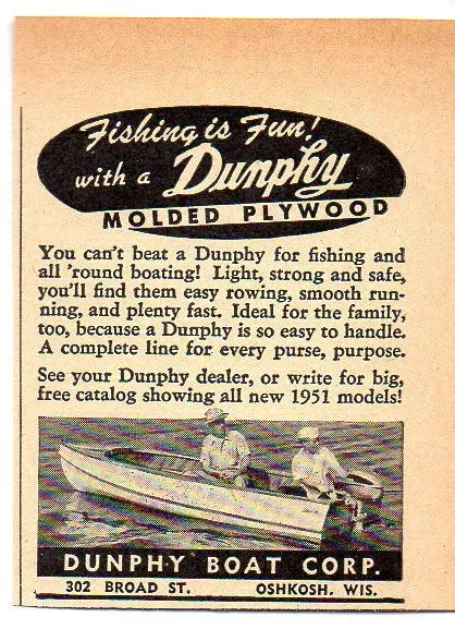 1951 Vintage Ad Dunphy Plywood Boat 2 Men Fishing Oshkosh,WI
