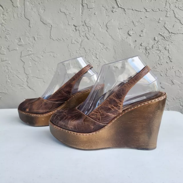 Steve Madden Wood Wedge Sandals Womens 8.5 Brown Leather Peep Toe Slingback Shoe