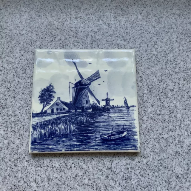 VTG Delft Tile Blue & White Holland Dutch Sail Boat windmill cottage river 4.5”