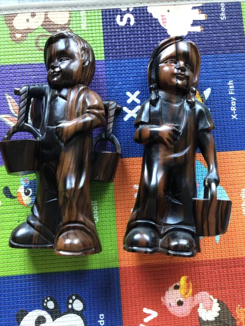 Vintage Old Antique Rosewood Fine Hand Carved Wooden boy Girl Pair