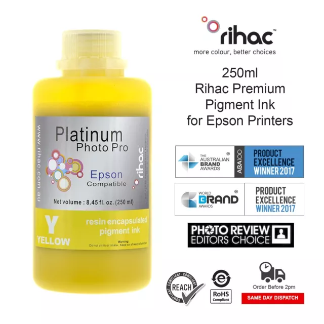 RIHAC 250ml Yellow Pigment Ink for Epson Photo R2000 printer using 159 cartridge