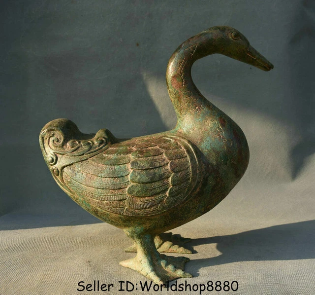 12" Old Chinese Bronze Ware Dynasty inscription Animal Duck quack-quack Statue