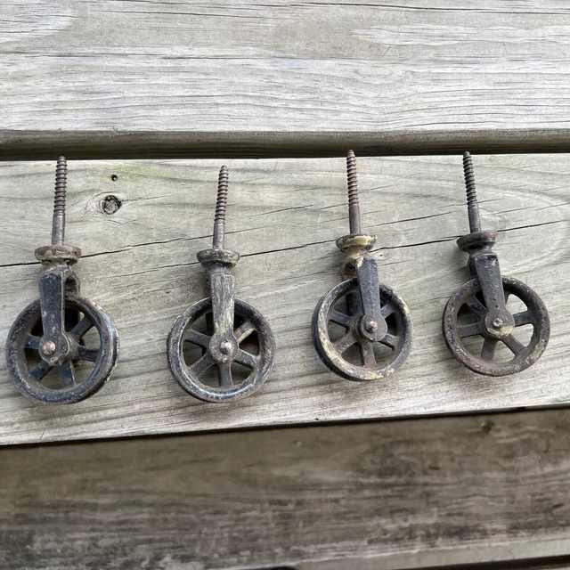 Vtg Antique Lag Screw Bolt Cable Trolley Wheels Pulley Set Of 4
