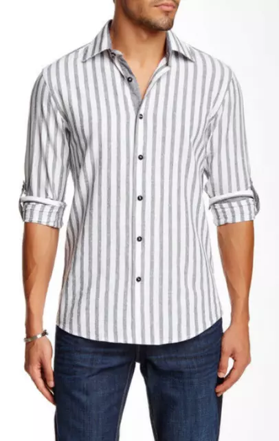 TR Premium Striped Long Sleeve Slim Fit Linen Shirt Grey 3XL NWT $189