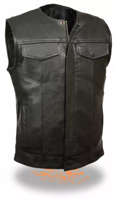 SOA Men's Collarless Leather Vest w/ Two Gun Pockets Snap/Zipper Front LKM3711