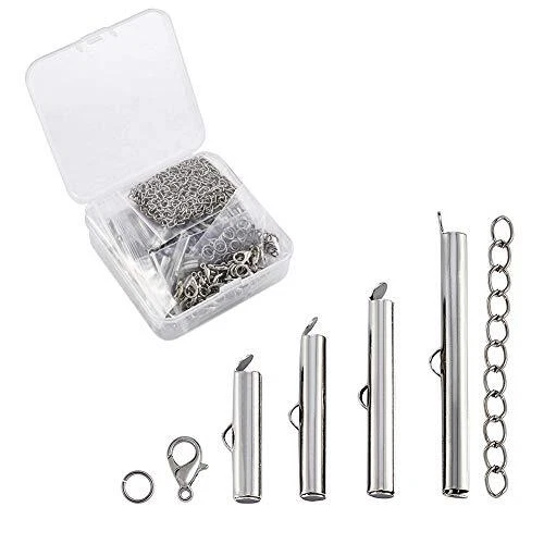 Pandahall 80pcs 4Sizes Iron Slide On End Clasp Tubes Slider with Extender Cha...