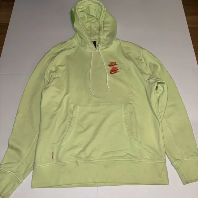 NIKE Mens Large Hoodie NSW Pullover French Terry World Tour Liquid Lime Orange