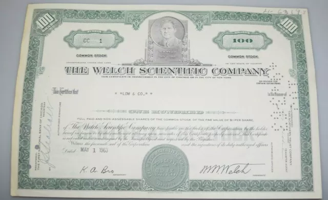 Historisches Wertpapier Aktie The Welch Scientific Company  1963 074