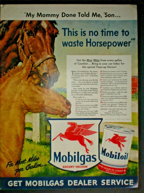 1942 MARE and COLT HORSE vintage MOBILGAS MOBILOIL MOBIL Trade print ad