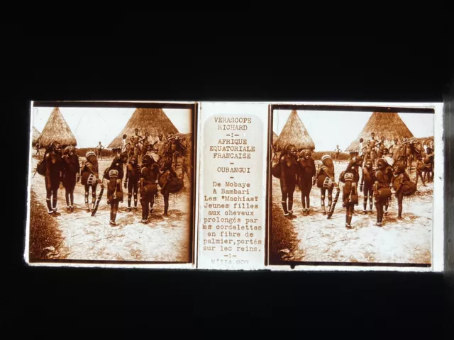 JEUNES FILLES OUBANGUI PLAQUE VERRE 45x107 VUE STEREOSCOPIQUE VERASCOPE RICHARD