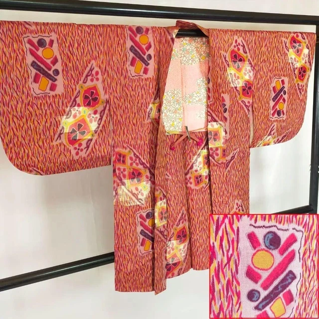 Japanese Vintage Kimono robe Meisen Haori doress jacket Geometry pattern k673