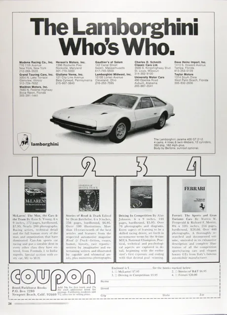 1972 LAMBORGHINI JARAMA 400 GT Authentic Ad & 5pgs. ROAD TEST W/specs. FREE SHIP