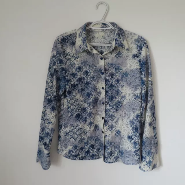 Blue & White Lace Floral Sheer Button Down Boho Blouse Size S