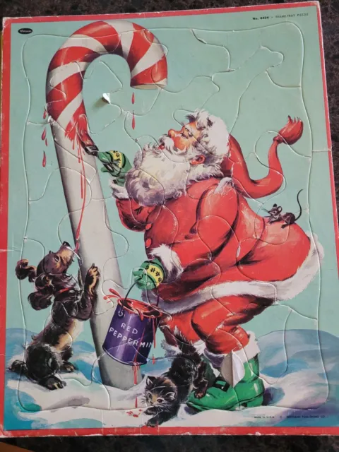 VINTAGE WHITMAN CHRISTMAS Santa Claus Candy Cane Frame Tray Puzzle No ...