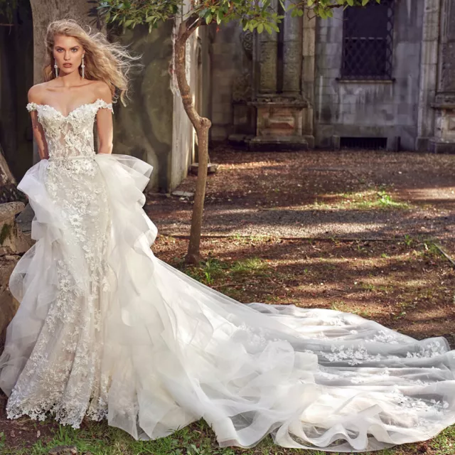DETACHABLE TRAIN WHITE/IVORY Mermaid Wedding Dress Appliques Tulle Bridal  Gown $156.56 - PicClick
