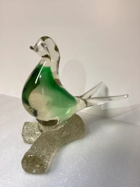 Vintage Green & Clear  Murano Glass Bird 7 1/4 X 4 1/2 X 8 On A Dual Perch
