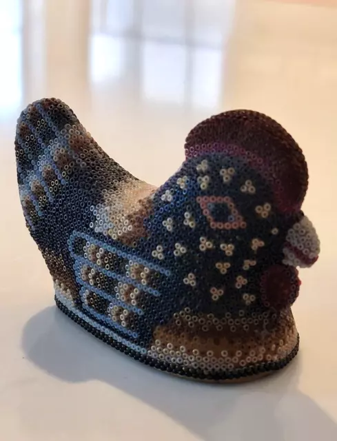 Vintage Huichol Mexican Beadwork Small Chicken Micro-Beaded Art Sculpture SIGNED