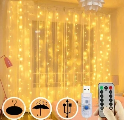 Window Curtain String Lights 300 LED Fairy String Light 8 Lighting Modes USB...