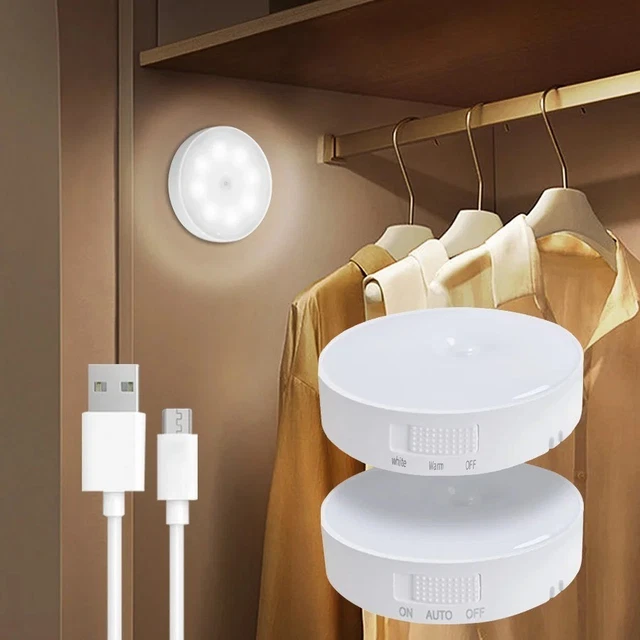 USB WIRELESS PIR Motion Sensor LED Light Cabinet Closet Lamp Round ...