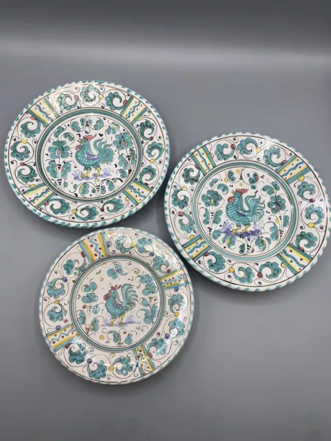 Grazia Deruta Italy Turquoise Rooster Salad/Side Plates 7 1/2" & 6” Signed