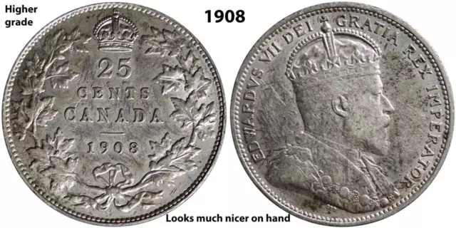 1908 Canada 25 Cents silver coin King Edward VII; Maple leaves wreath, crown