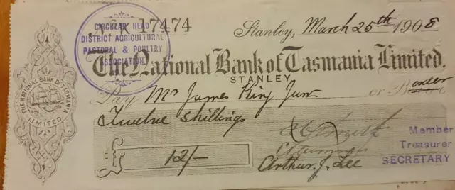 Antique Cheque The National Bank Of Tasmania Stanley 1908