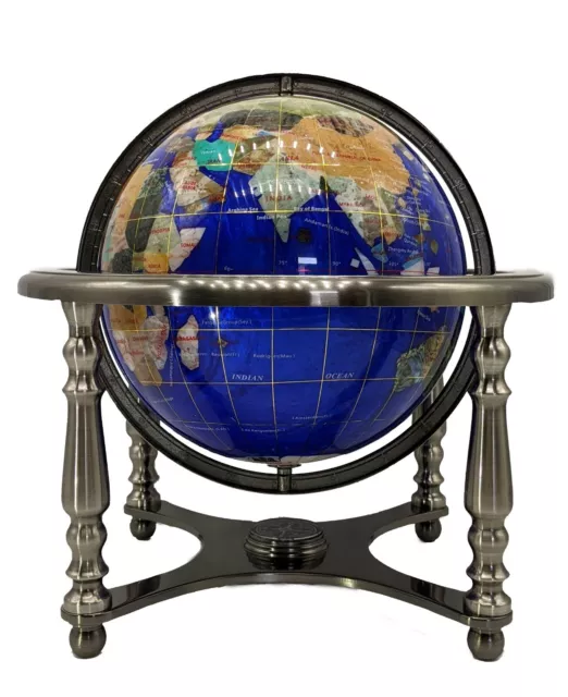 14" Blue Pearl Swirl Ocean 4- leg Silver table stand Gem Gemstone World globe