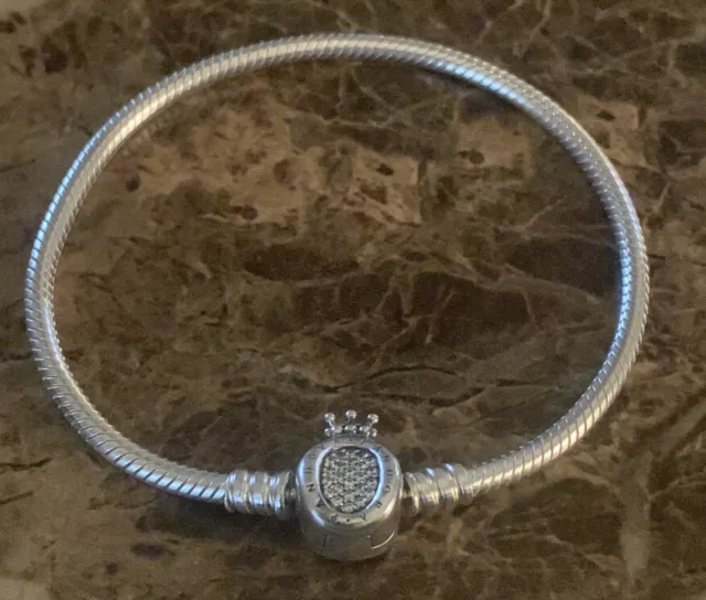 Authentic Pandora Crown O Clasp Sterling Silver CZ Snake Chain Bracelet 7.5”