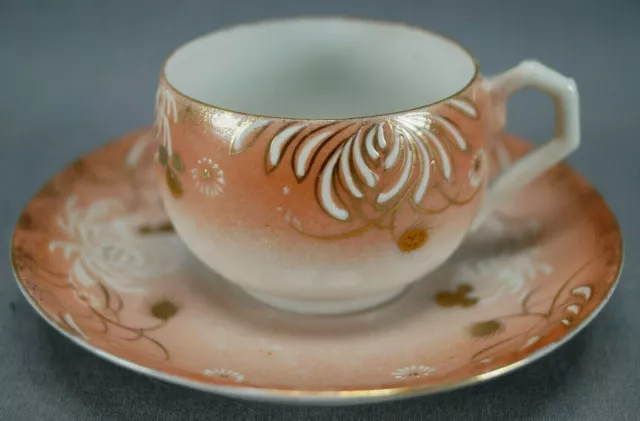 Antique Japanese Aesthetic Enameled Floral Peach & Gold Demitasse Cup & Saucer