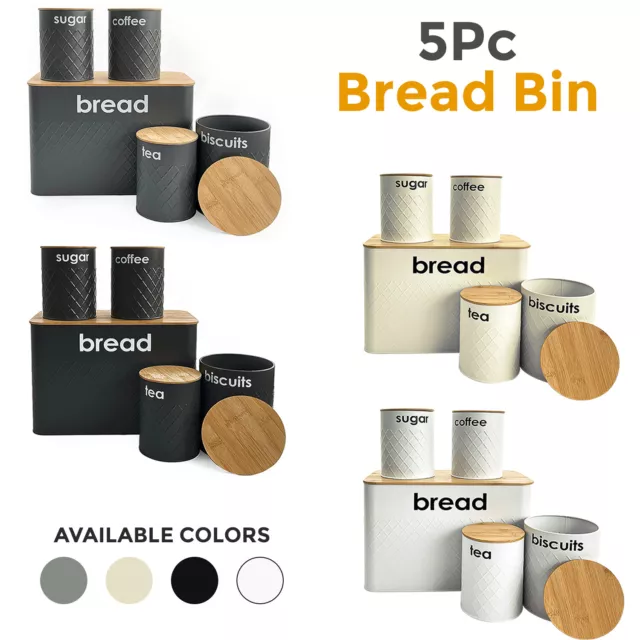 5pc-Kitchen Set Bread Bin Tea Coffee Sugar Tins Biscuit Barrel Sealed Containers