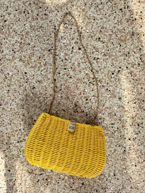 Vintage Basket Handbag Purse Faux Plastic Rattan Wicker Yellow With Gold Chain