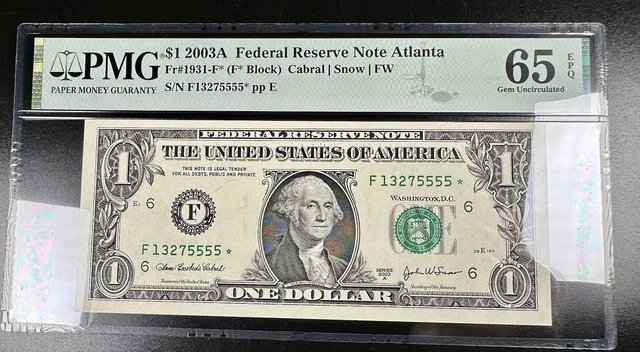 Unique Serial 13275555 Star Federal Reserve Note PMG 65 EPQ fr 1931-F* Atlanta