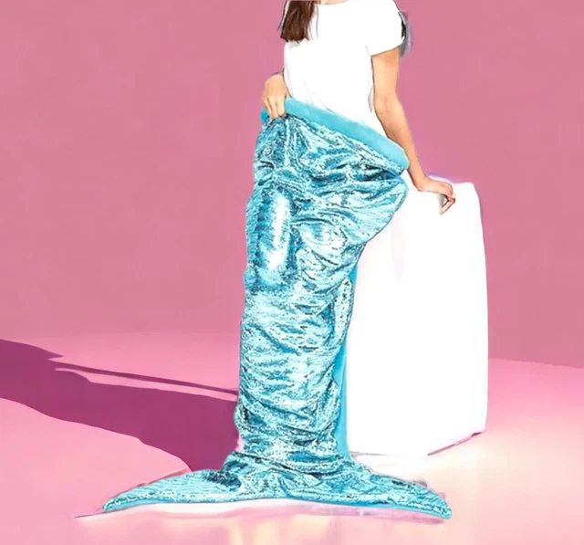 NWT JUSTICE GIRLS Aqua Flip Sequin Mermaid Tail Blanket Fleece Blue 23