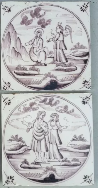 Set of 2  antique dutch delft manganese biblical Tiles. ca 1800- 1850