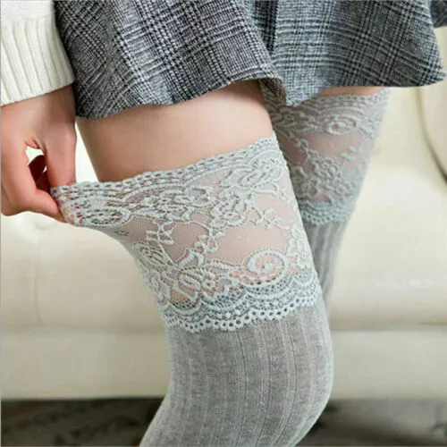 Sexy Lace Thigh Socks Knee Womens Trim Long Cotton Over High Stocking Warm