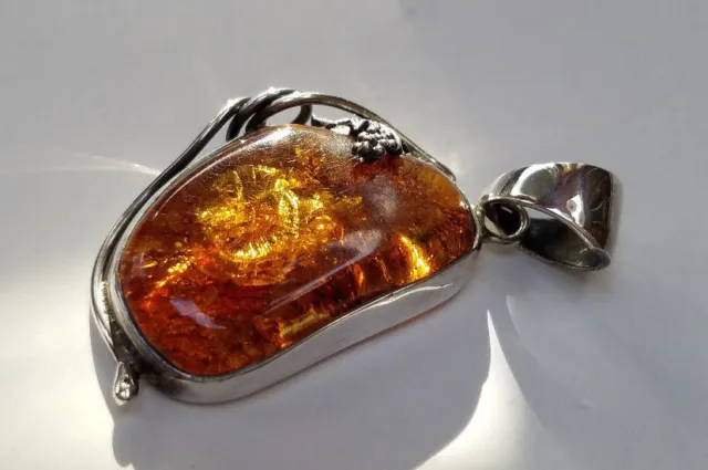 Genuine Baltic Amber 925 Sterling Silver Pendant 1 7/8" (Stone 31mm x 20mm) NEW