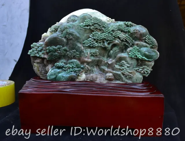 11.6" Chinese Natural Dushan Jade Carved Mountain Tree Figure House Statue