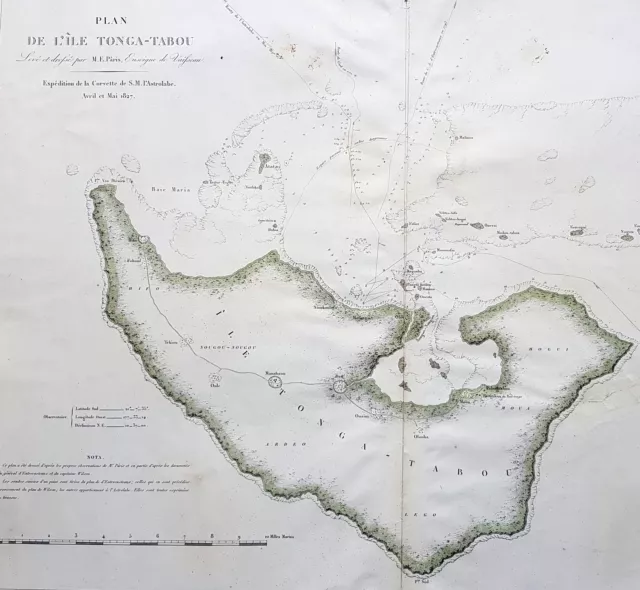 1827 Dumont D Urville Large Antique Map The Island of Tongatapu Tonga, Astrolabe 2