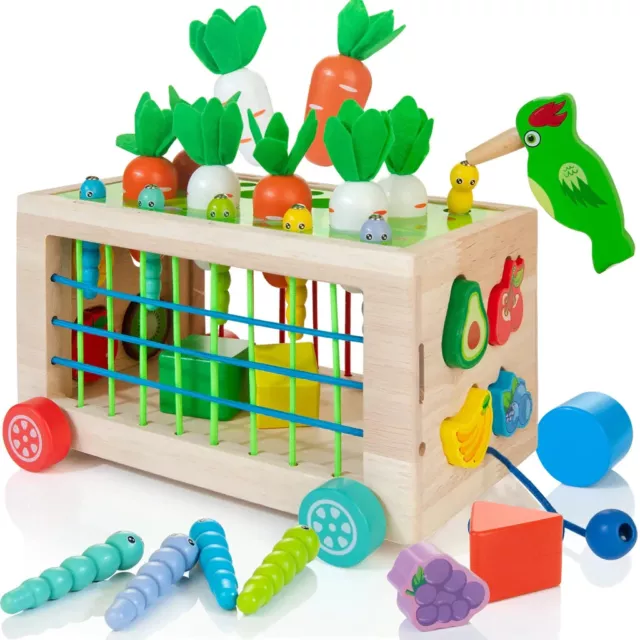 Wooden Montessori Sorting Stacking Toys for Toddlers, 6-in-1 Activity Cube Cart