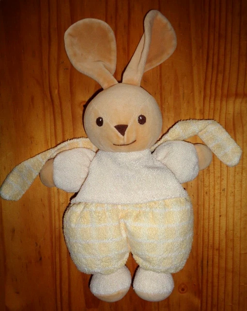 Ib3/ Doudou Peluche Lapin Nounours Beige Blanc Jaune Carreaux Echarpe 25Cm Tbe