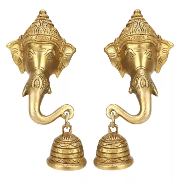 Antique Style Brass God Ganesha Door Wall Hanging Bell in Pair for Home Decor