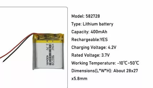 Batteria 582728 3,7V 400mAh ricaricabile Li-Po Polimeri Litio Battery 2 fili