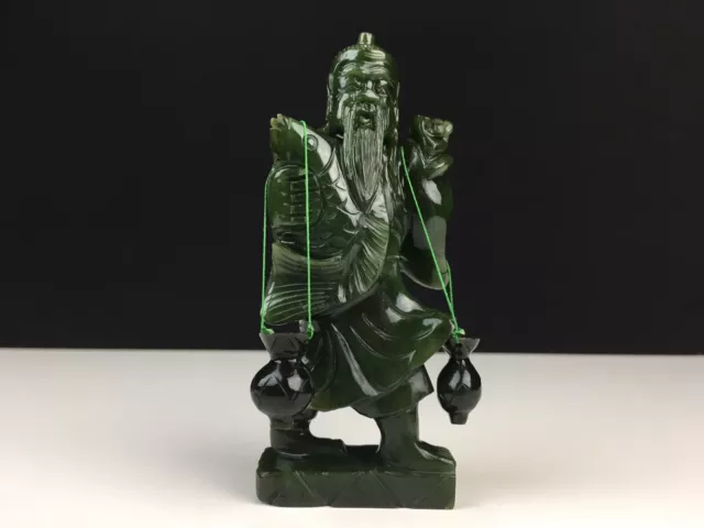 Antique Chinese Spinach Jade Green Carved Fisherman Holding Fish & Water Pails