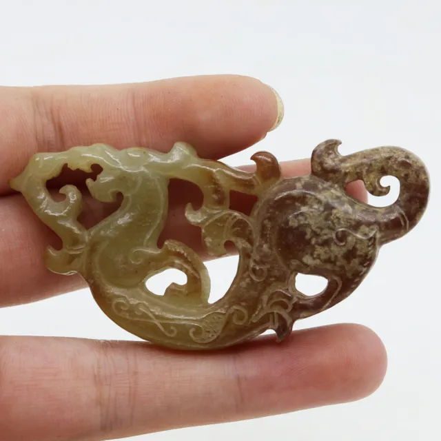 Chinese hand carved jade openwork amulet pendant shape of dragon phoenix D227